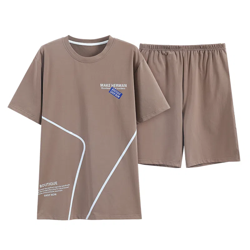 歌倩雅 字母印花圆领套头短袖上衣松紧腰短裤睡衣套装 男款 浅咖色