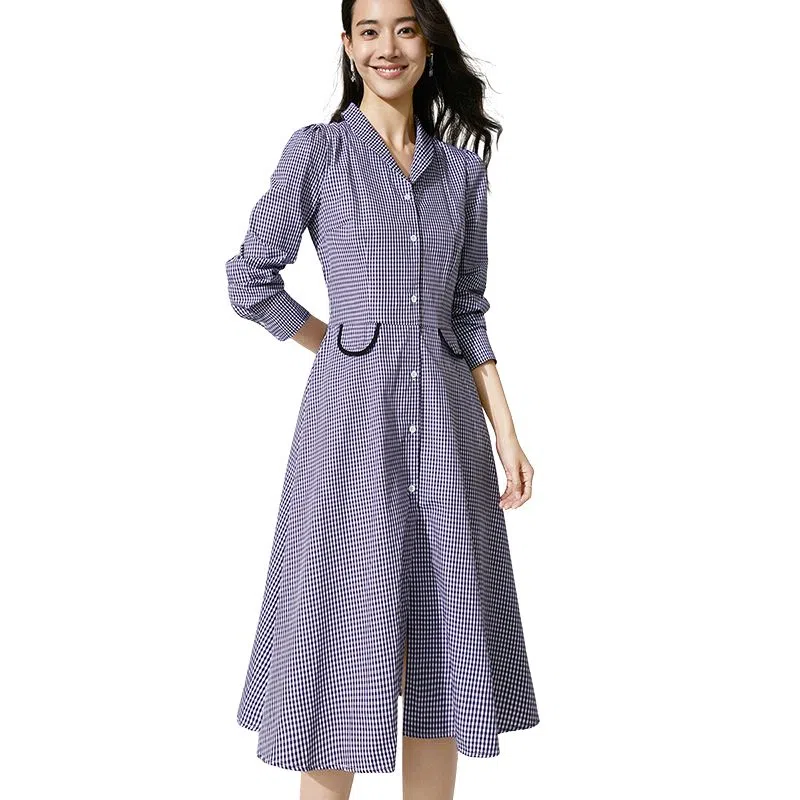 晚白 高腰翻领格纹连衣裙 女款 格子