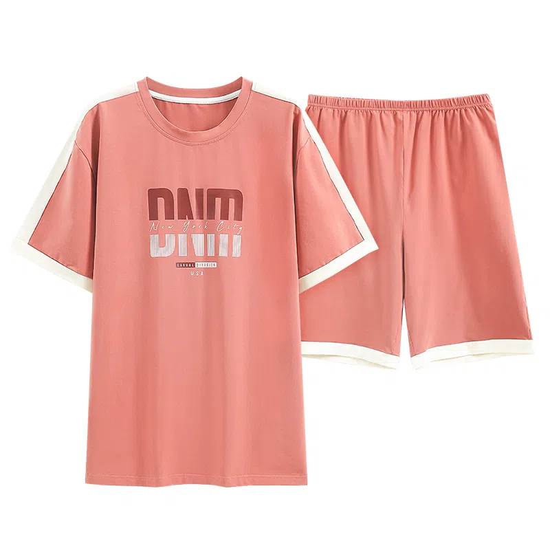 歌倩雅 休闲圆领短袖上衣松紧腰短裤睡衣套装 男款 粉色