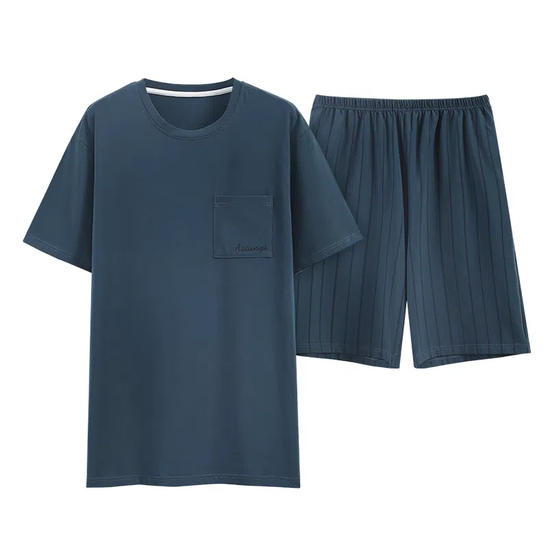 歌倩雅 圆领舒适短袖上衣松紧腰纯色短裤睡衣套装 男款 蓝色