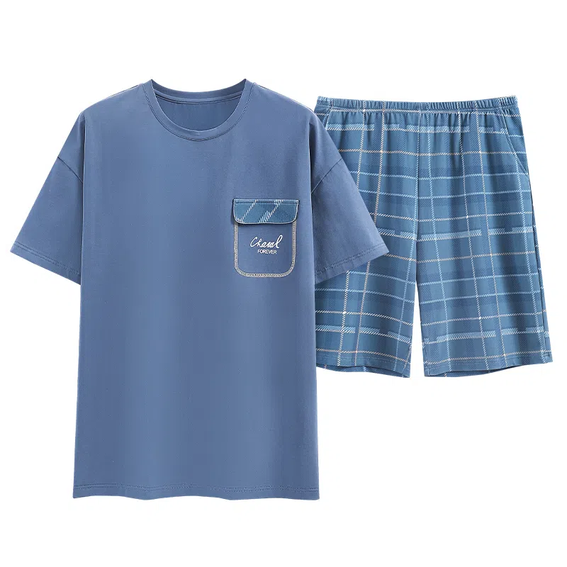 歌倩雅 纯色圆领短袖上衣格子松紧腰短裤睡衣套装 男款 蓝色