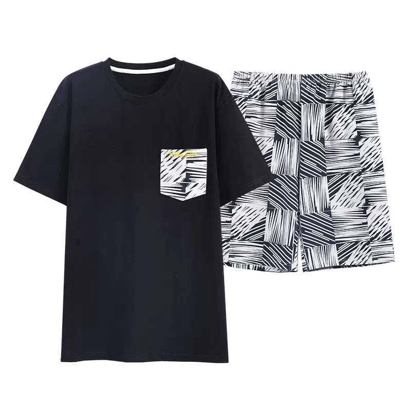 歌倩雅 圆领宽松上衣松紧腰短裤睡衣套装 男款 黑色