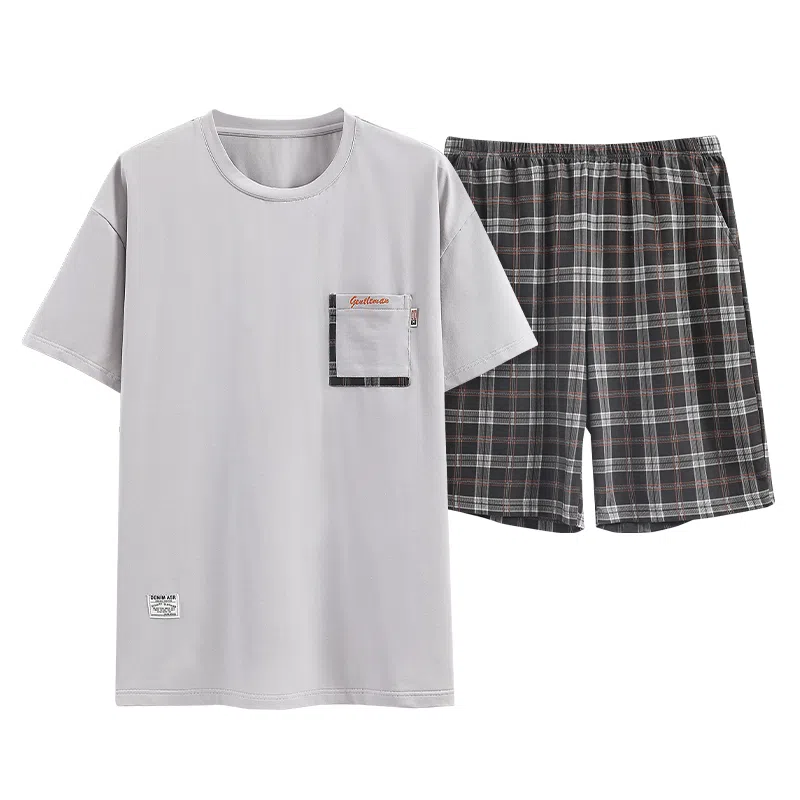 歌倩雅 休闲圆领套头短袖上衣松紧腰格子短裤睡衣套装 男款 灰色