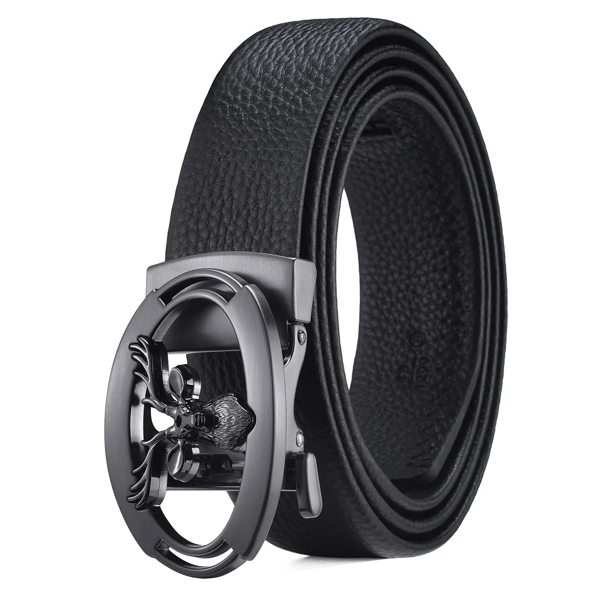 老人头 鹿头扣头摔纹纹理自动扣 头层牛皮 皮带 男款 黑色
