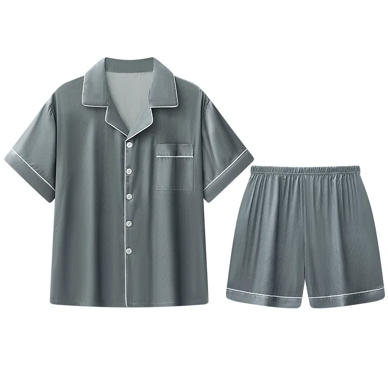 兰缪 简约凉感休闲可外穿短袖翻领上衣松紧腰短裤睡衣套装 男款 高级黑