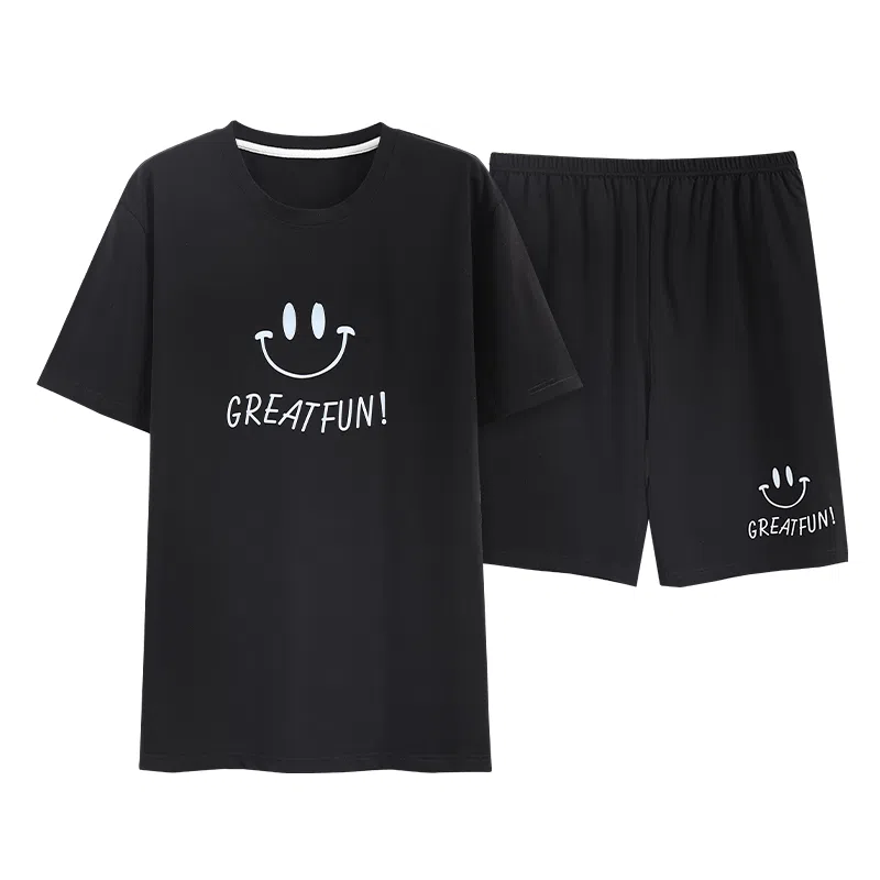 歌倩雅 圆领套头印花短袖上衣松紧腰短裤睡衣套装 男款 黑色