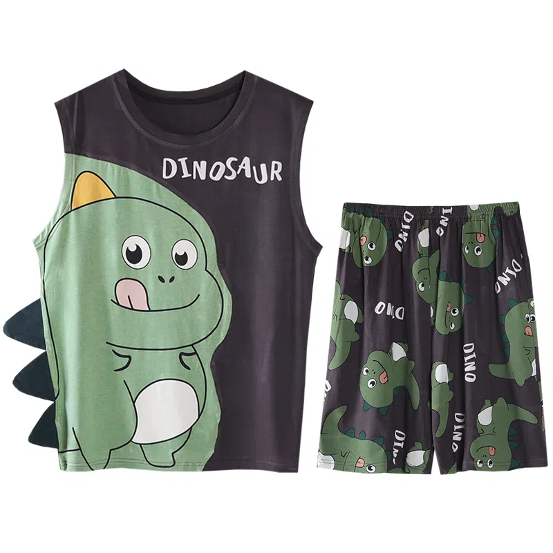 兰缪 撞色圆领无袖背心中腰裤子睡衣套装 男款 灰色