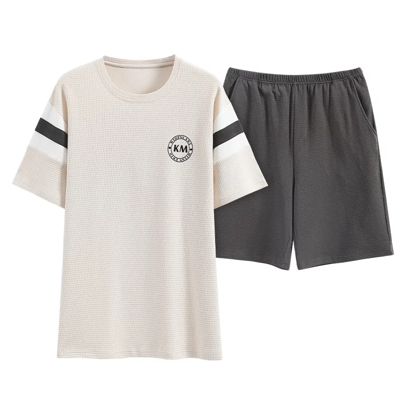 歌倩雅 字母圆领可外穿短袖上衣松紧腰短裤睡衣套装 男款 杏色