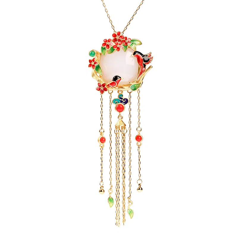 彤彤兔 中式宫廷风珐琅彩绘鹊笑鸠舞复古流苏 铜 项链 女款