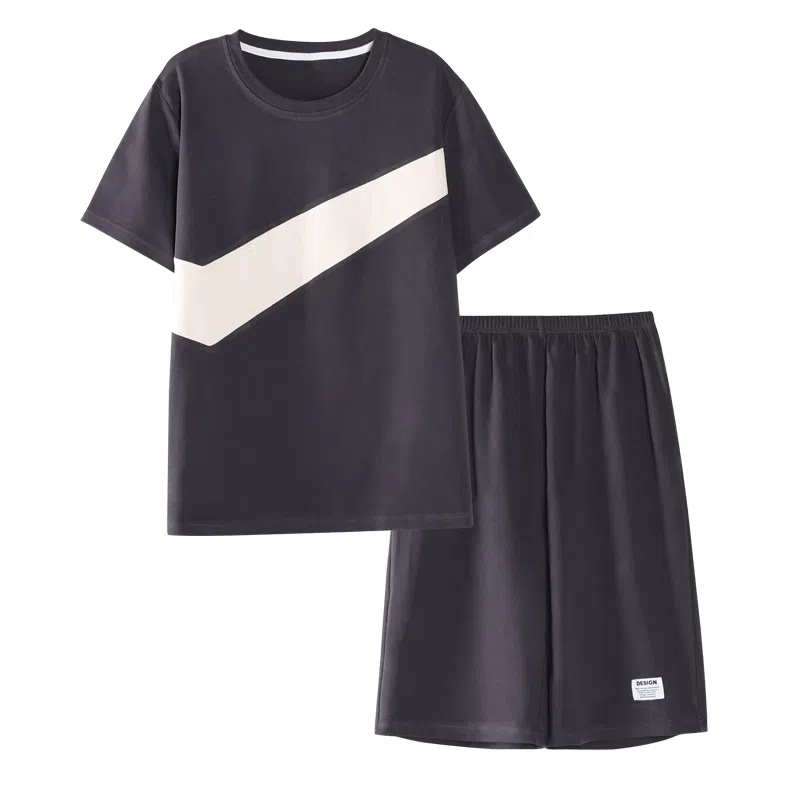 歌倩雅 圆领简约透气上衣松紧腰短裤睡衣套装 男款 黑色
