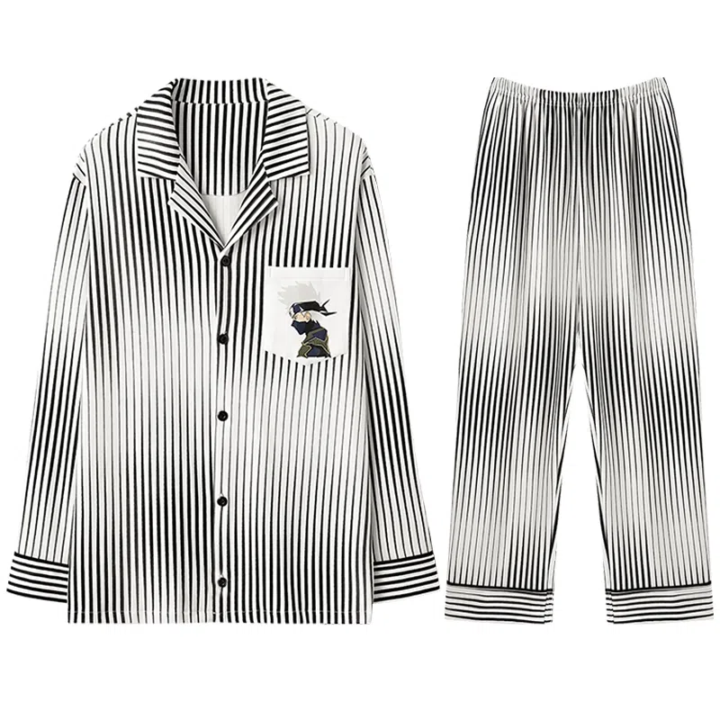 兰缪 条纹休闲宽松家居纽扣翻领睡衣套装 男款 灰白色