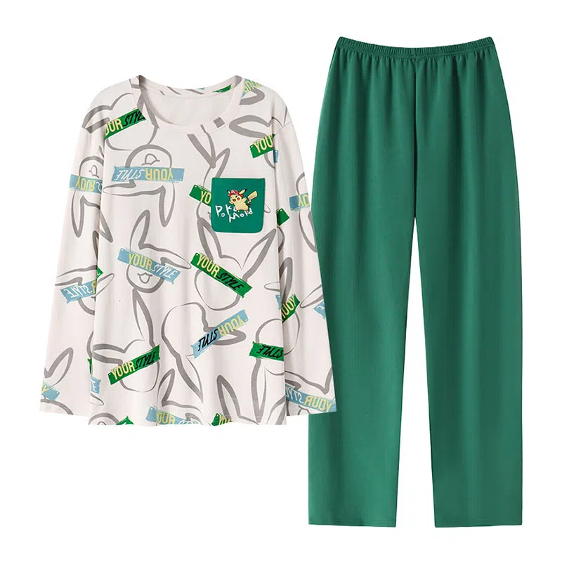 贴身领域 圆领简约上衣松紧腰卡通长裤睡衣套装 男款