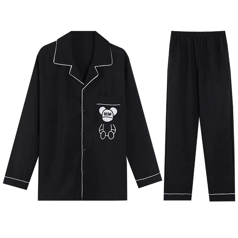 兰缪 卡通印花翻领单排扣长袖睡衣套装 男款 黑色