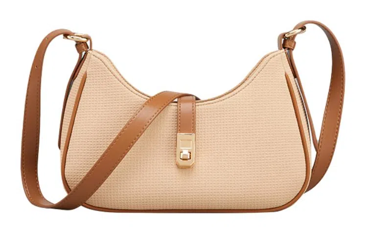 意尔康 百搭时尚通勤潮流 合成革 斜挎单肩包 小号 女款 杏色拼黄棕色