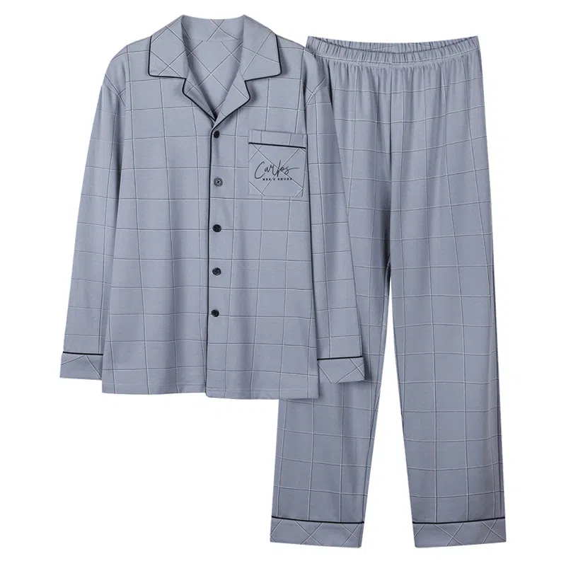 欧迪芬 家居格子图案开衫翻领长袖长裤睡衣套装 男款 天蓝色