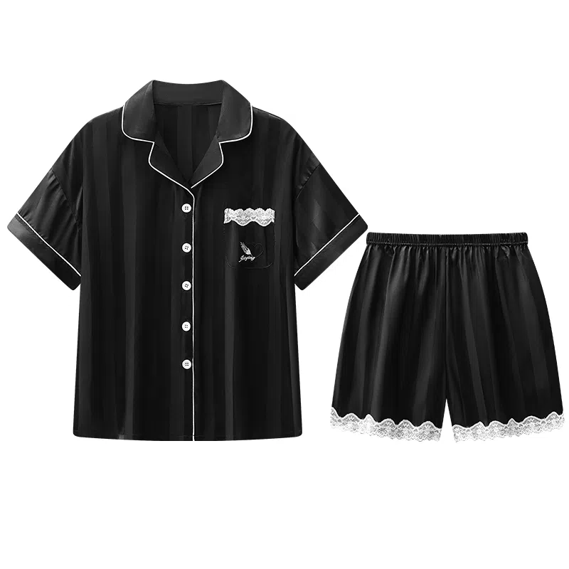 兰缪 简约单排扣休闲短袖上衣松紧腰短裤睡衣套装 女款 黑色