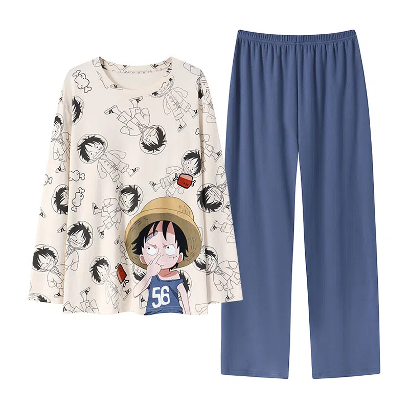 贴身领域 圆领简约上衣松紧腰卡通长裤睡衣套装 男款