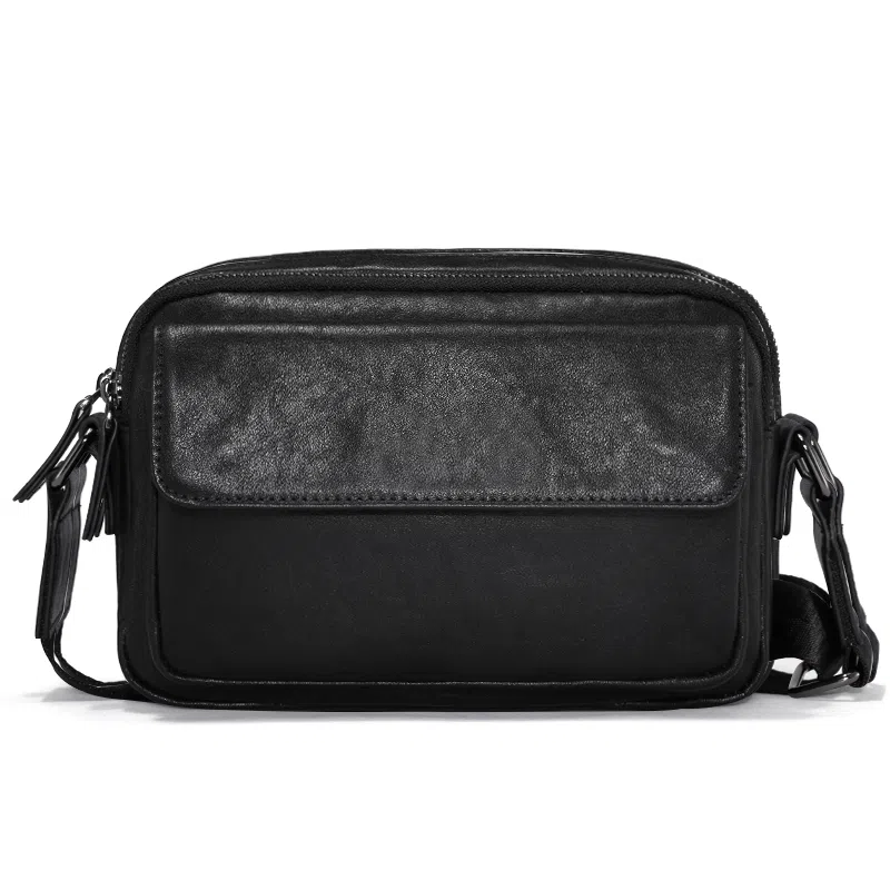 老人头 新款时尚简约设计 头层牛皮 单肩斜挎包 男款 黑色