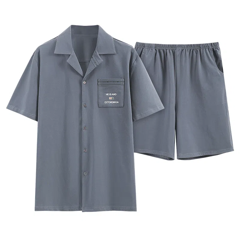 歌倩雅 纯色休闲短袖翻领上衣松紧腰短裤睡衣套装 男款 灰色