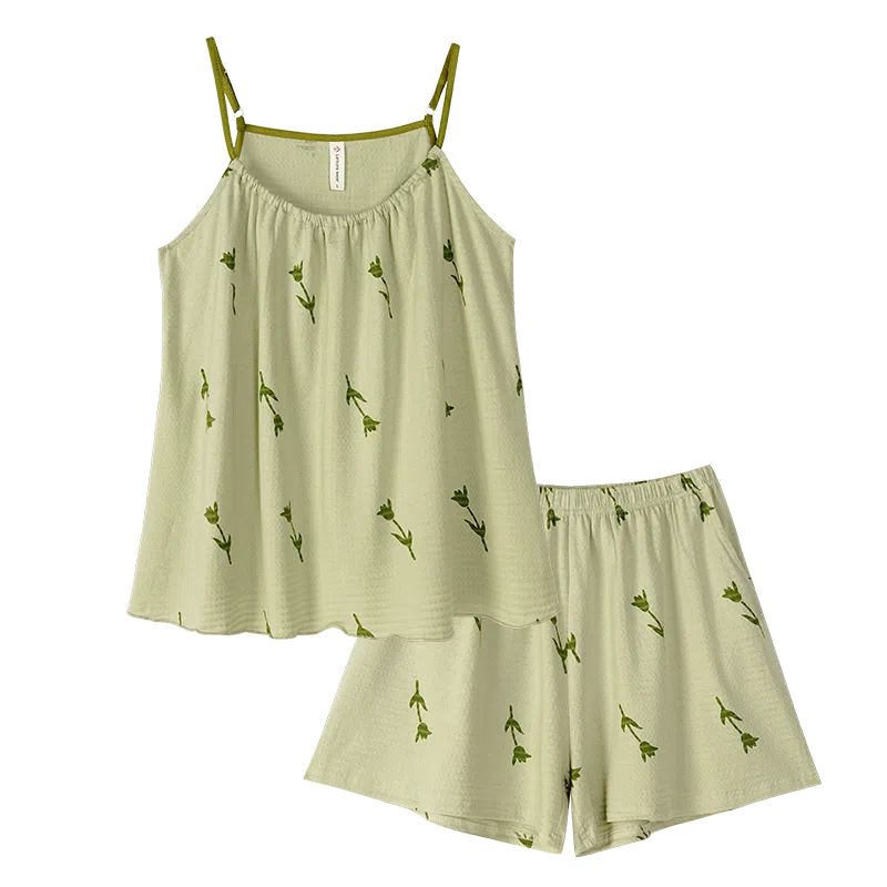 歌倩雅 圆领满印简约上衣透气凉感下衣睡衣套装 女款 绿色