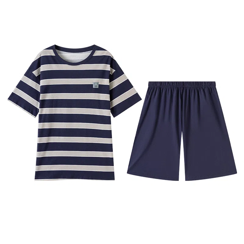 顶瓜瓜 简约条纹百搭透气柔软舒适可外穿短袖短裤睡衣套装 男款