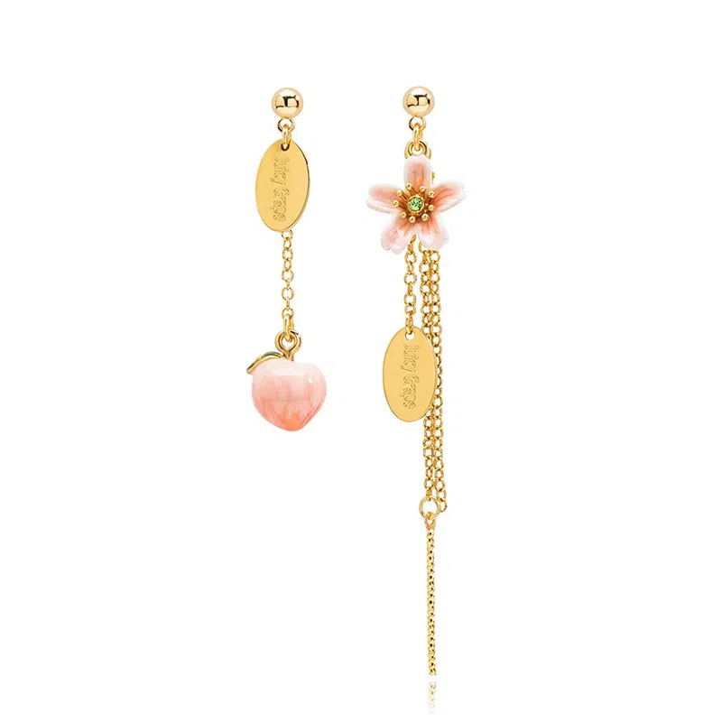 珐瑞雅 手绘珐琅水蜜桃长款流苏不对称 铜基底 耳环 女款