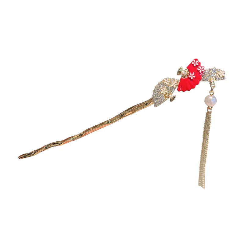 彤彤兔 国风红色可摆动步摇扇子流苏汉服 发簪 女款