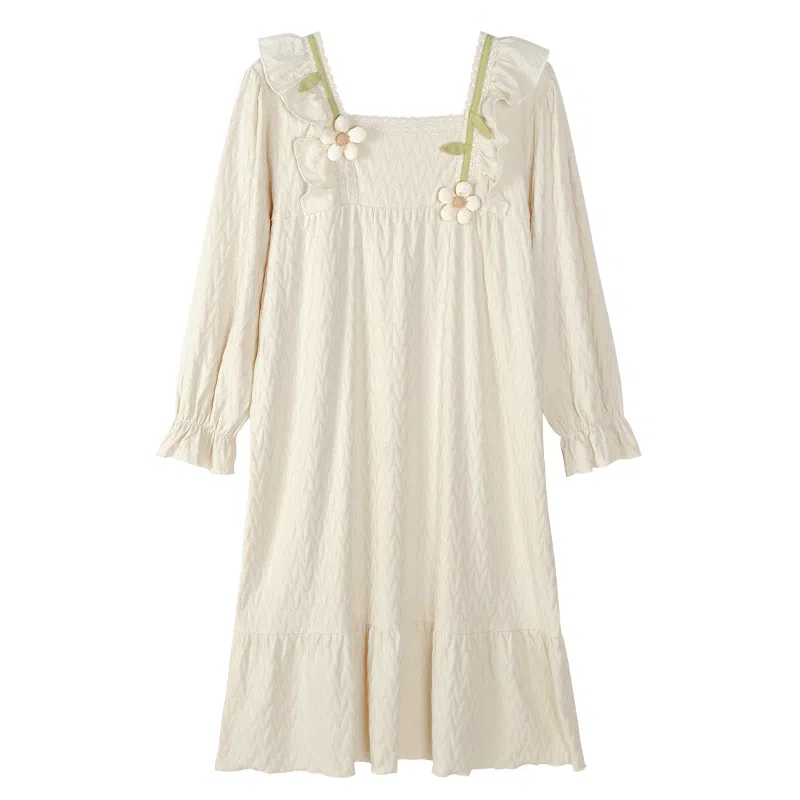 歌倩雅 长款简约甜美套头长袖睡裙 女款 杏色