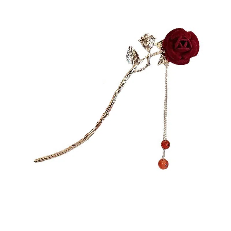 妖娆猫 新中式玫瑰 古风气质精致步摇流苏 高级感复古盘发头饰 发簪 女款