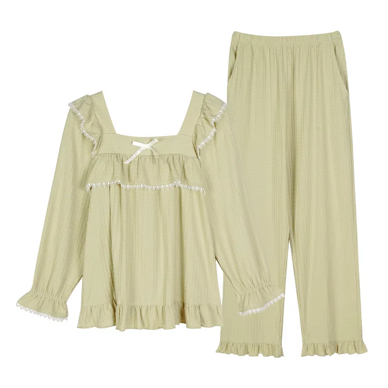 歌倩雅 纯色休闲翻领长袖上衣松紧腰长裤睡衣套装 女款 浅绿