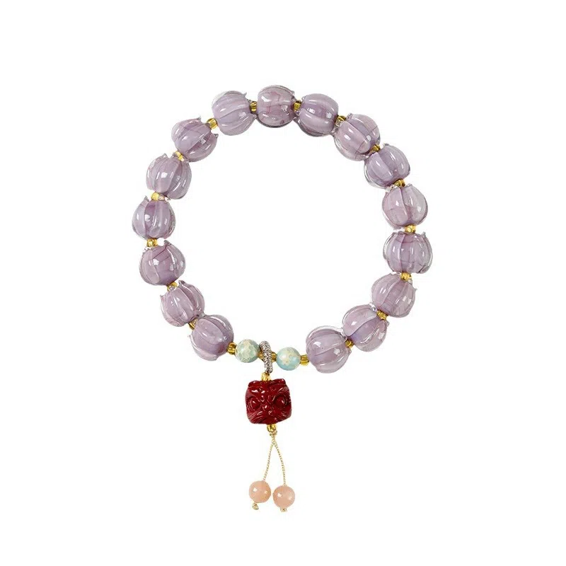 琉堇 国风创意半糖暮山莲花手饰 本命年招桃花串珠 瑞兽醒狮招采念珠 琉璃 玉石手串 女款