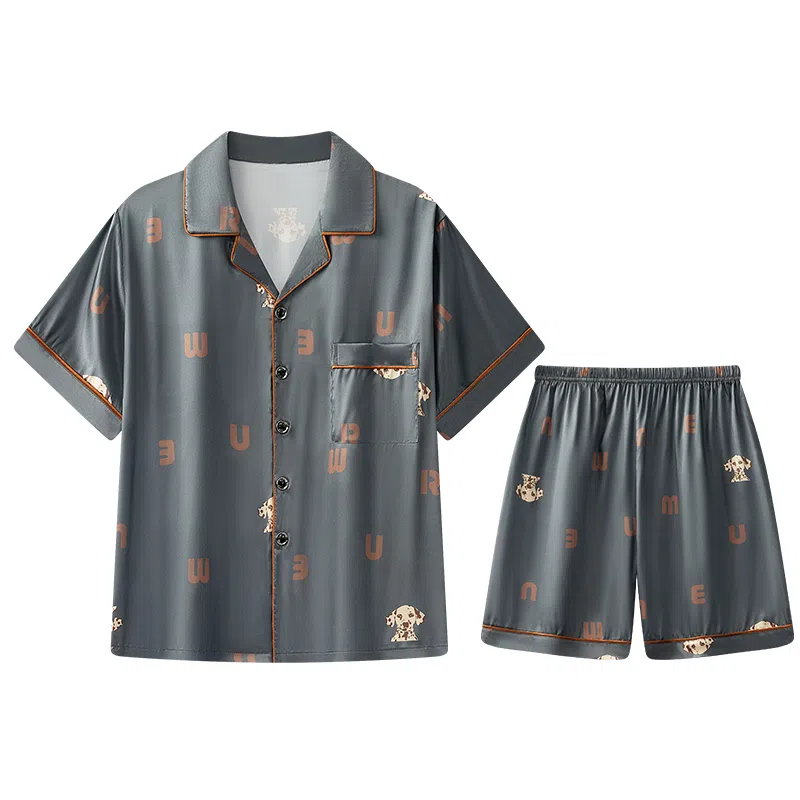 兰缪 休闲字母印花宽松翻领短袖上衣松紧腰短裤睡衣套装 男款 蓝色