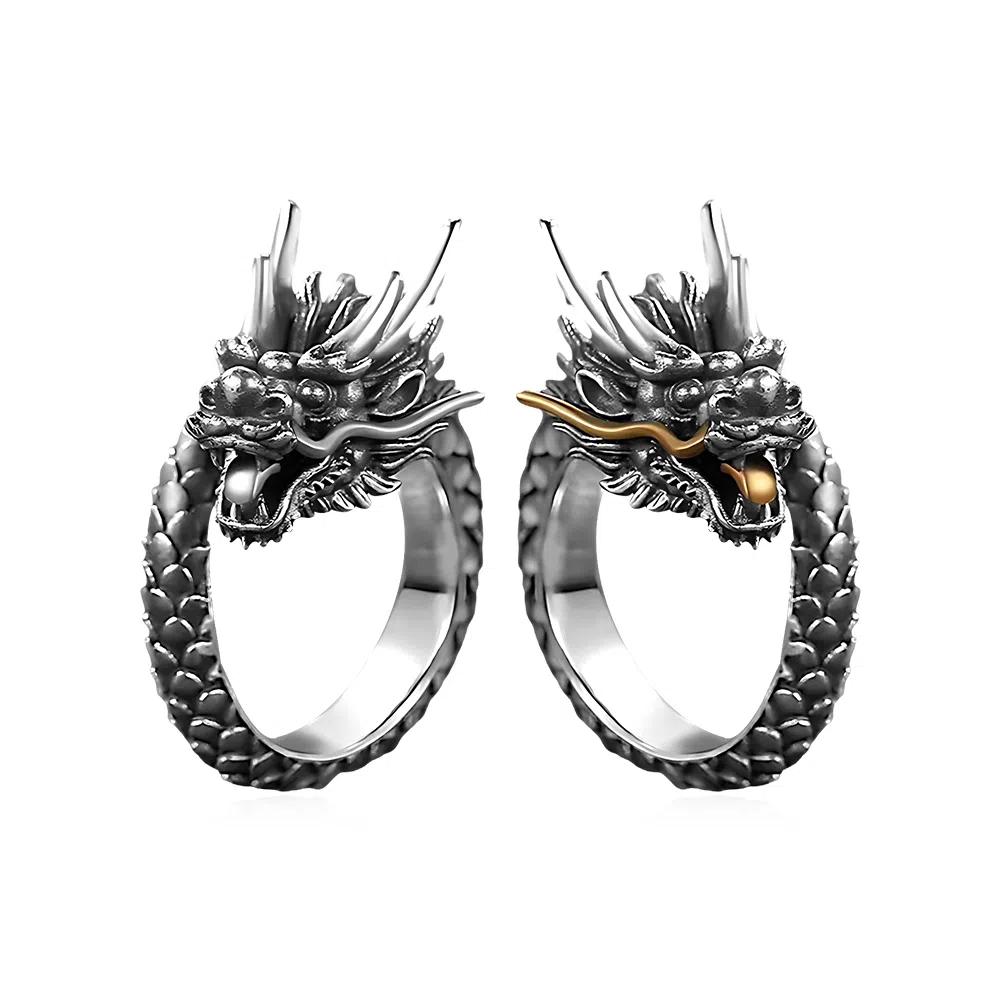 饰伴 复古泰银生肖龙个性设计霸气龙头开口可调节 戒指 男款