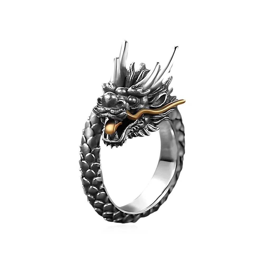 饰伴 复古泰银生肖龙个性设计霸气龙头开口可调节 戒指 男款