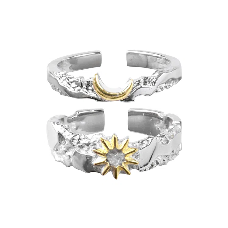 华髻 国潮日月生辉轻奢开口太阳月亮小众高级感时尚个性百搭不规则对戒开口可调节指环天生一对配饰 锆石 戒指 男女同款情侣款