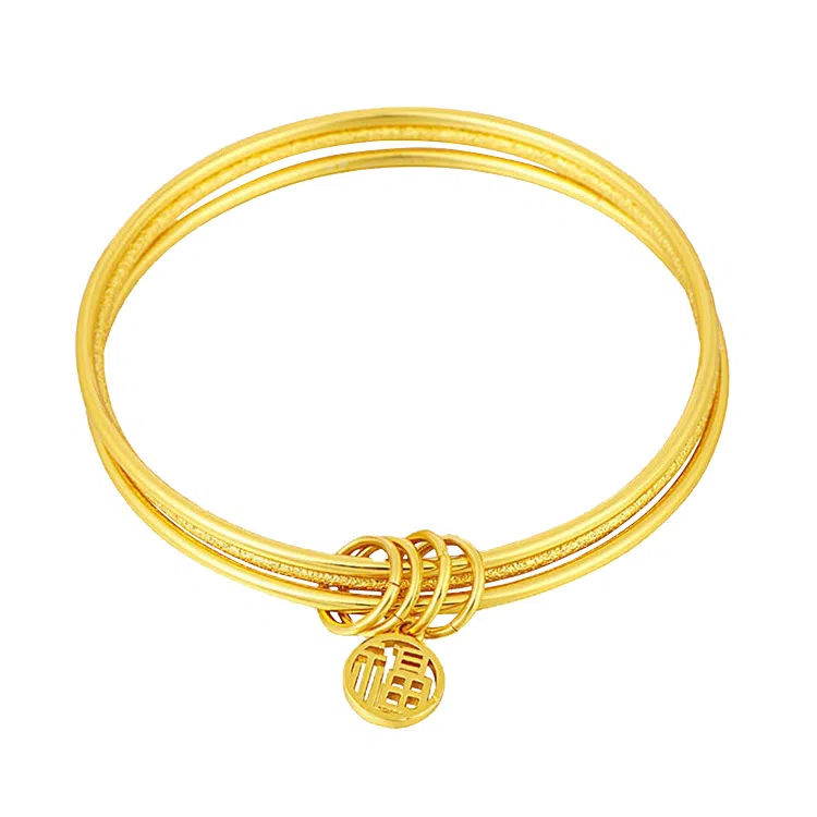 华髻 新中式国潮三生三世福牌 三层叠戴细圈素福牌轻奢百搭高级感气质  国潮复古 古法传承金色 手镯 女款 礼物