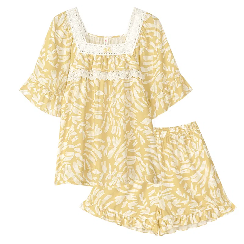 歌倩雅 舒适休闲方领短袖上衣松紧腰短裤睡衣套装 女款 黄色