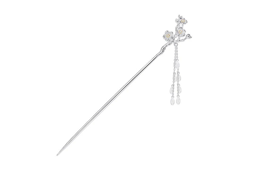 银千惠 梅花发簪 新中式小众设计中国风古风国潮盘发汉服流苏步摇发钗簪子头饰 发簪 女款 银色 礼盒装 礼物