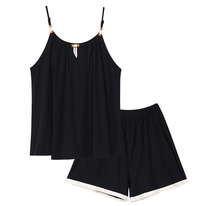 歌倩雅 纯色圆领套头无袖短裤睡衣套装 女款 黑色