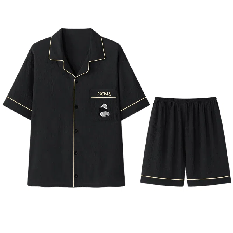 兰缪 简约休闲翻领短袖上衣松紧腰短裤睡衣套装 男款 黑色