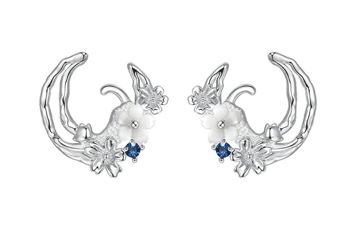 秦福炫 淘气喵喵小众设计感月亮花朵精致高级 耳钉 女款 银色