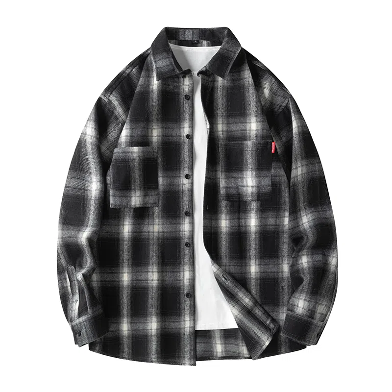 美式复古黑白格子衬衫宽松休闲简约学院风单穿叠穿外穿日系复古单排扣垂感宽松显瘦翻领长袖条纹衬衫 男女同款