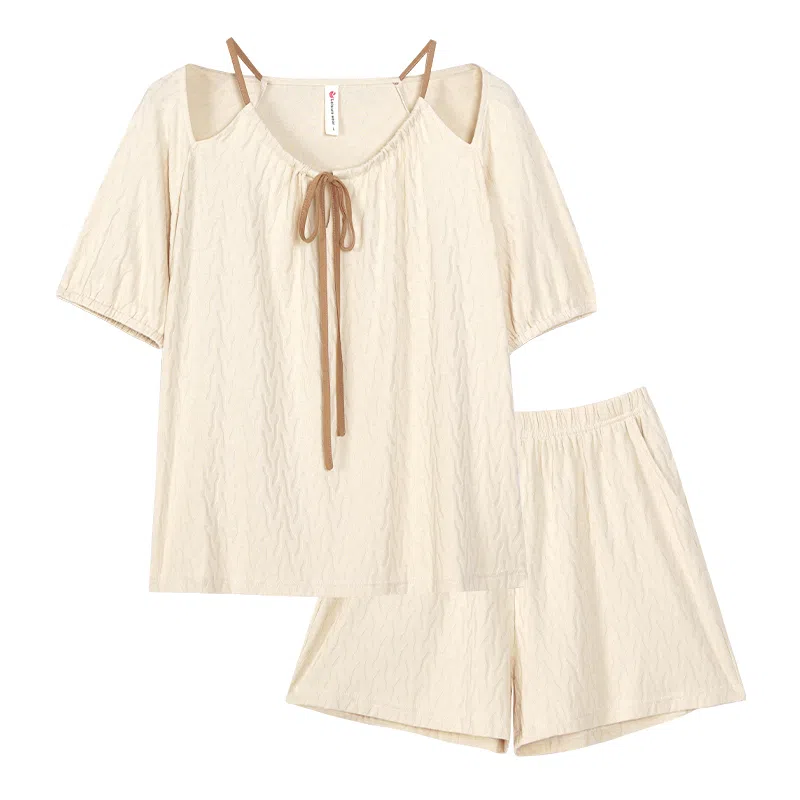 歌倩雅 凉感型圆领短袖松紧腰短裤睡衣套装 女款 杏色