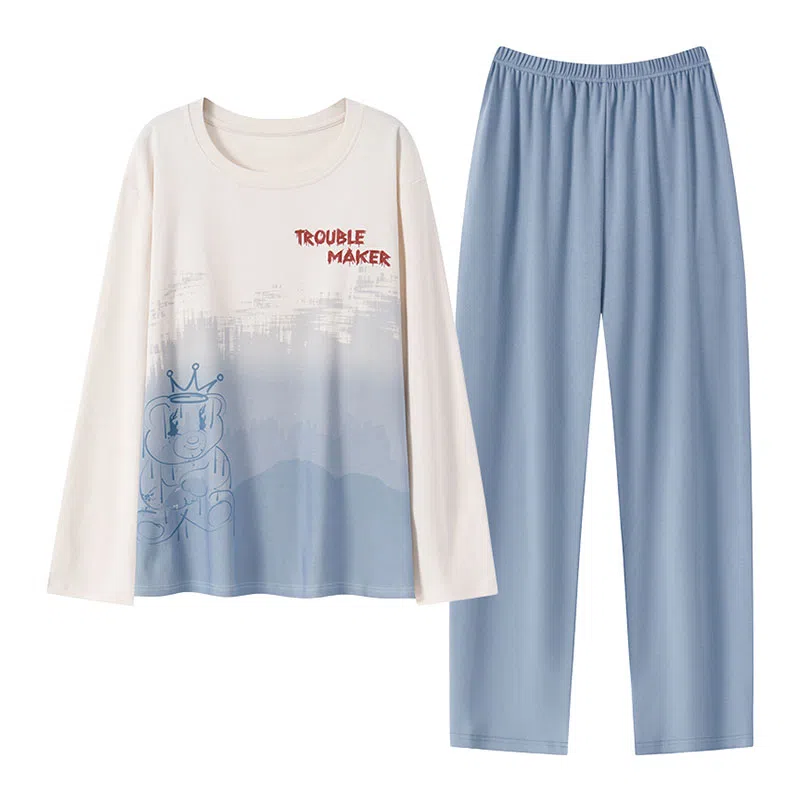 贴身领域 青少年纯棉舒适亲肤字母印花圆领可外穿长袖长裤薄款内衣家居服睡衣套装 男款