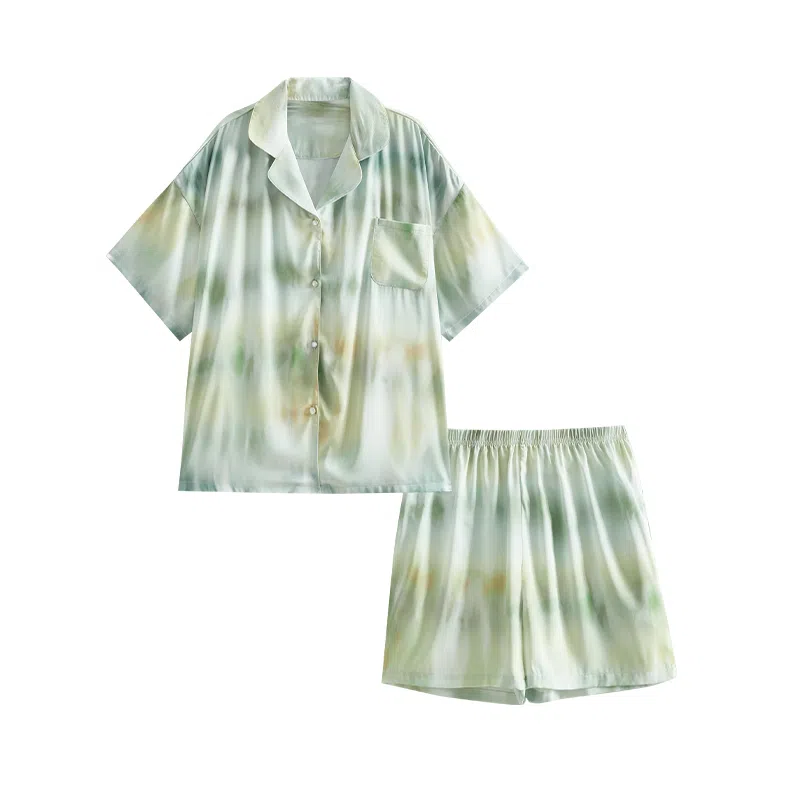 歌倩雅 薄款翻领短袖短裤睡衣套装 女款 淡绿色