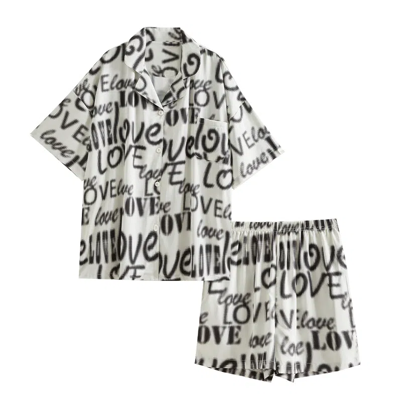 歌倩雅 翻领简约上衣松紧腰短裤睡衣套装 女款 黑白