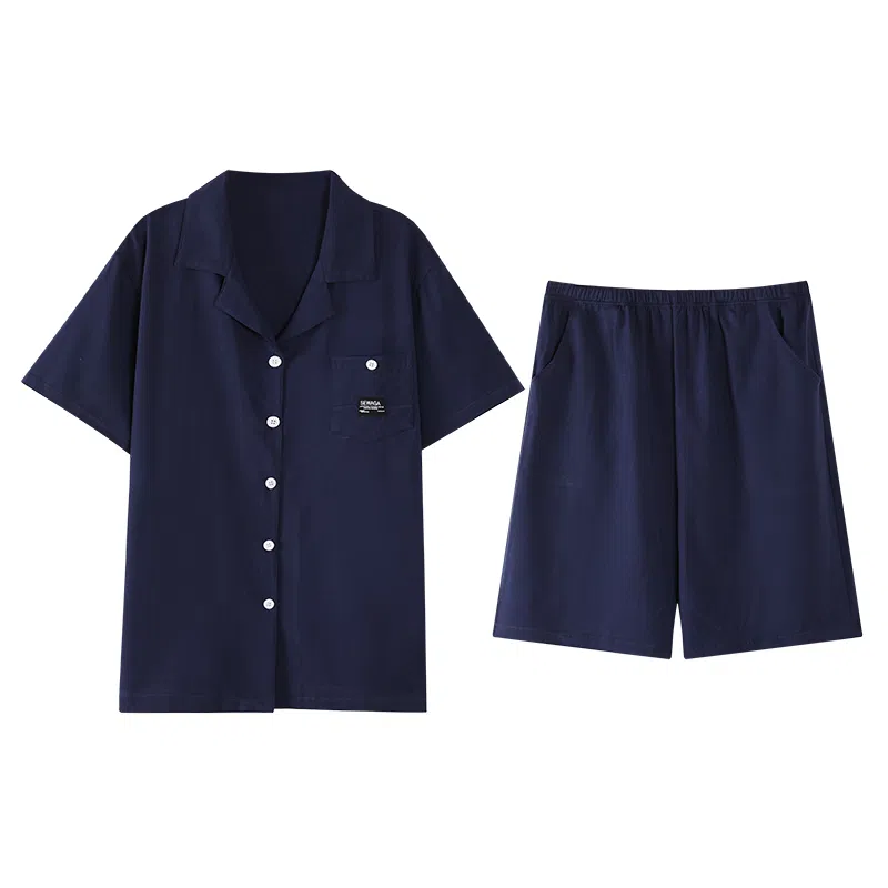歌倩雅 纯色翻领短袖休闲短裤睡衣套装 男款 蓝色