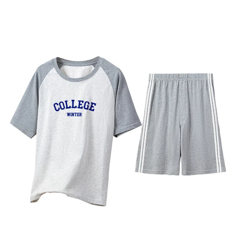 贴身领域 字母印花拼接撞色短袖薄款舒适短裤睡衣套装 男款
