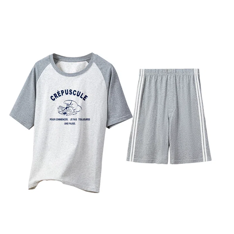 贴身领域 字母印花拼接撞色短袖薄款舒适短裤睡衣套装 男款