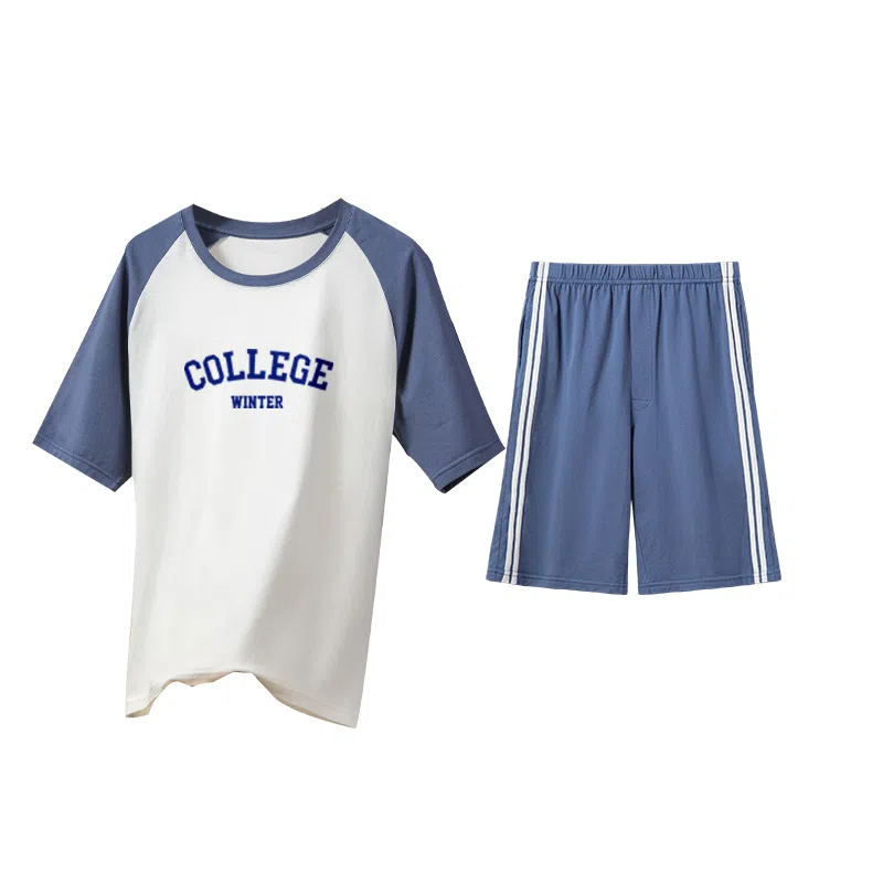 贴身领域 字母印花拼接撞色短袖薄款舒适短裤睡衣套装 男款